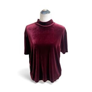 Sarah Bentley Women’s Velvet Short Sleeve Top Mock Neck Burgundy XL Vintage